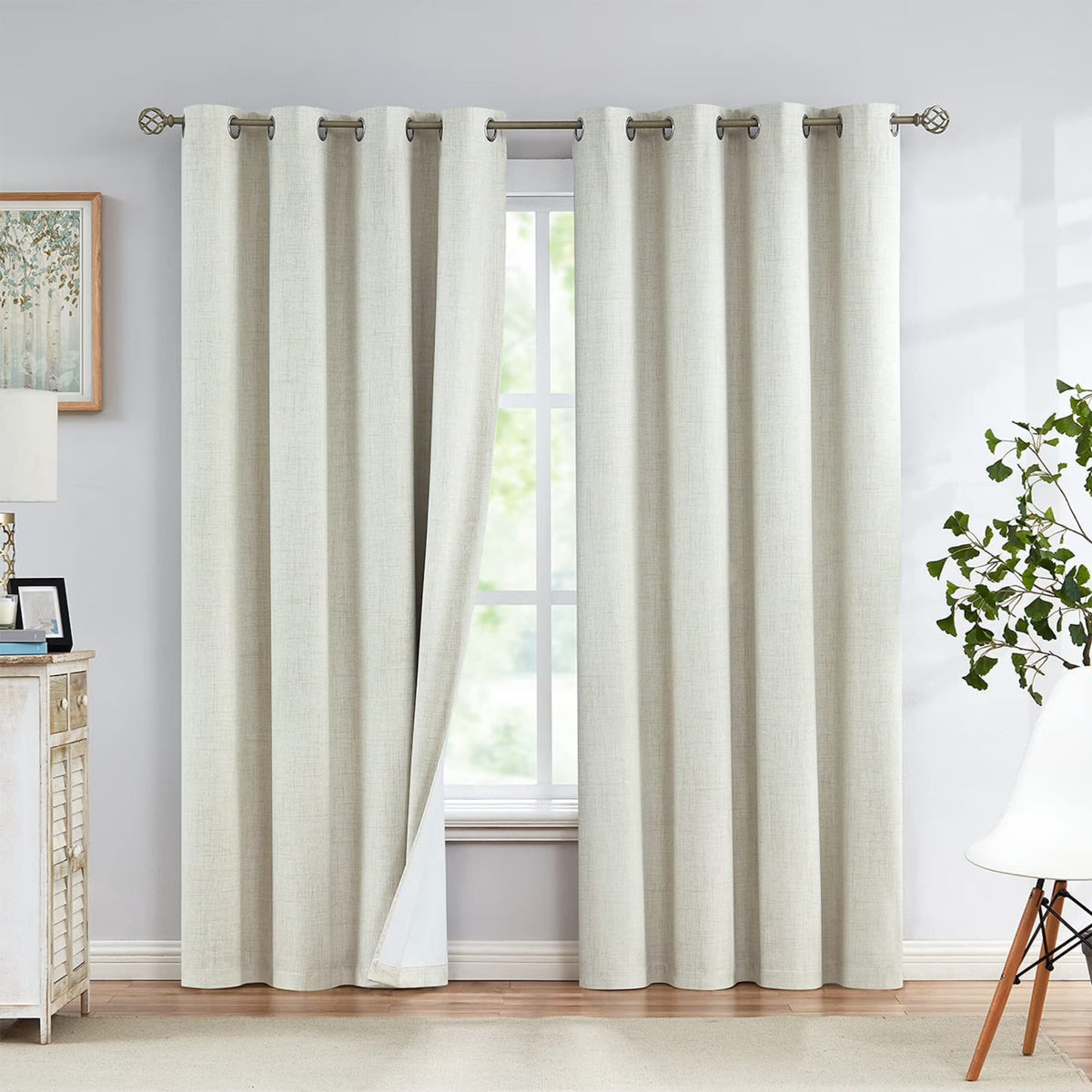 Natural Linen Blackout Curtains 84"Lx52"W Ivory Grommet Top, 2 E589142