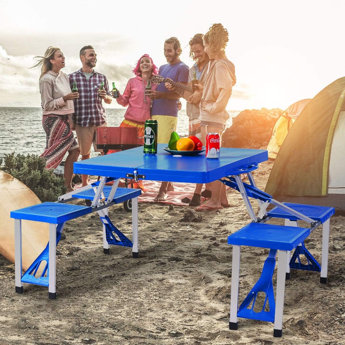 Blue Aluminum Frame Folding Picnic Table with 4 Stools C806