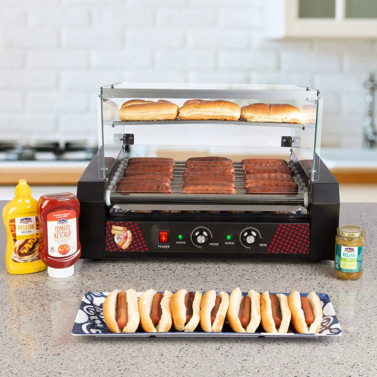 9-Roller Hot Dog Grill with Bun Warmer and Cover V7639