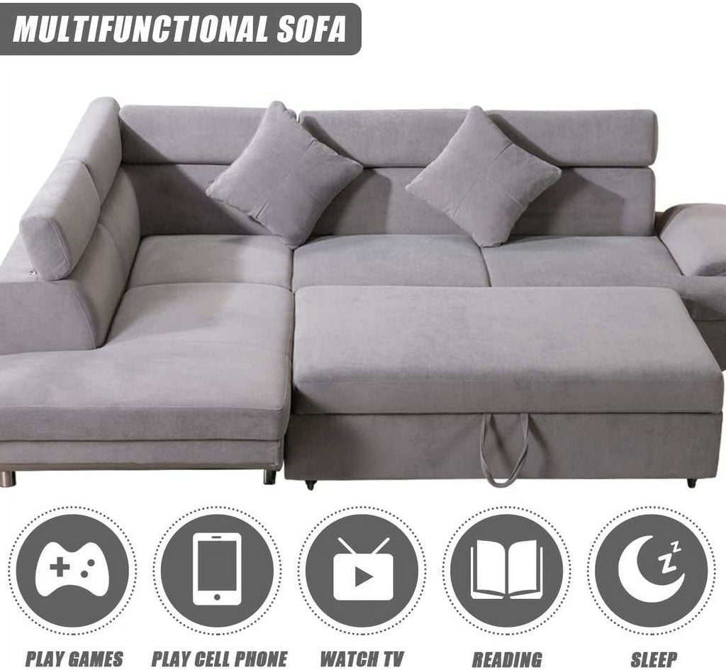 Grey Fabric Corner Sofa Sleeper Bed P682