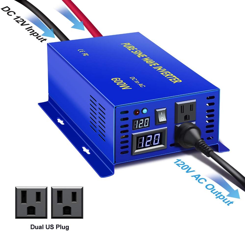 600W Pure Sine Wave Inverter 12v to 110v 120v DC to AC Dual US Plug F412286
