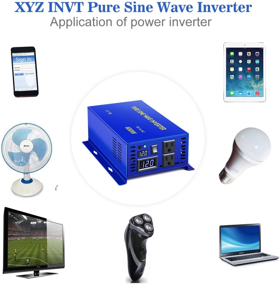 600W Pure Sine Wave Inverter 12v to 110v 120v DC to AC Dual US Plug F412286