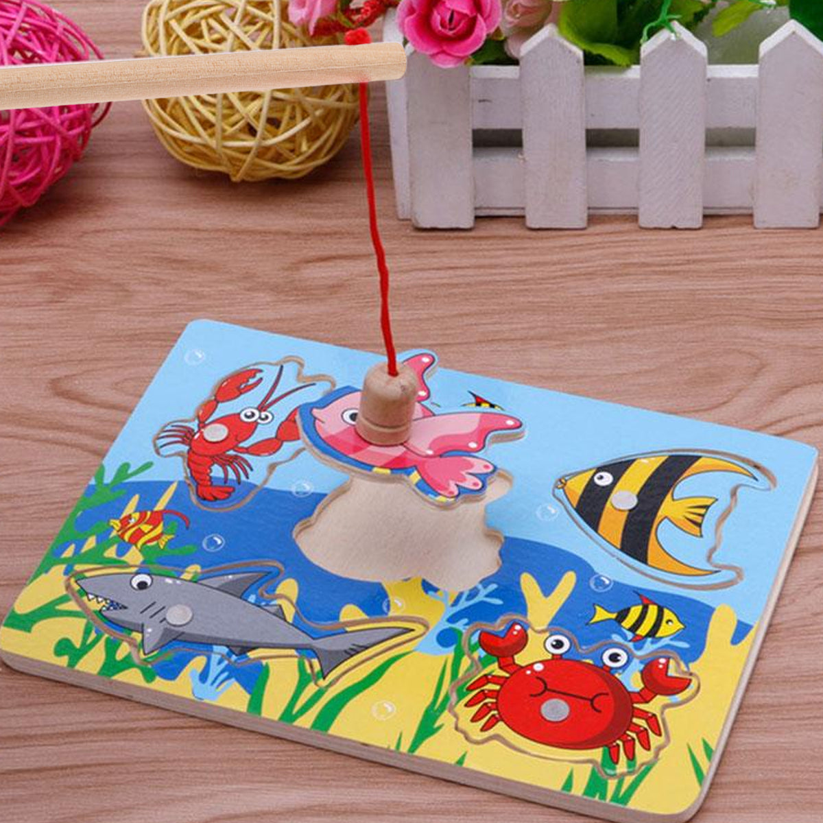 3pcs Kids Toy Magnetic Wood Fishing Poles Fishing Games Wooden Fishing Rod K943569