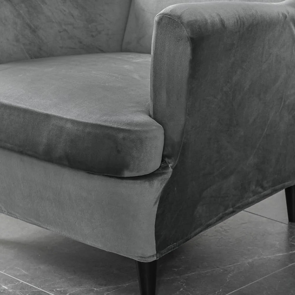 Dark Grey Velvet Stretch Wingback Chair Sofa Slipcover with Elastic Bottom Y8895
