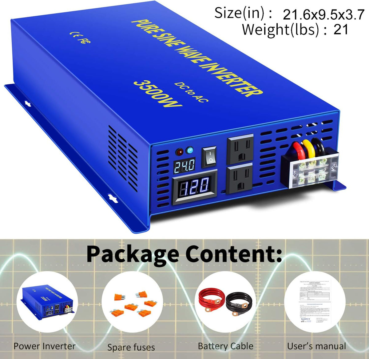 3500W Pure Sine Wave Power Inverter DC 24V to AC 110V 120V with LCD Display T501
