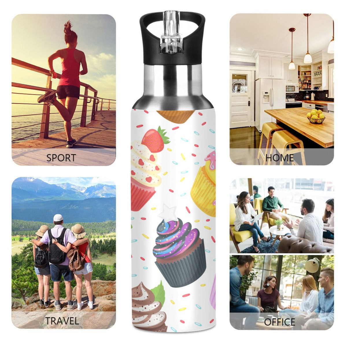 Stainless Steel Insulated Thermos Vacuum Flask Water Bottle with Straw Lid O6786