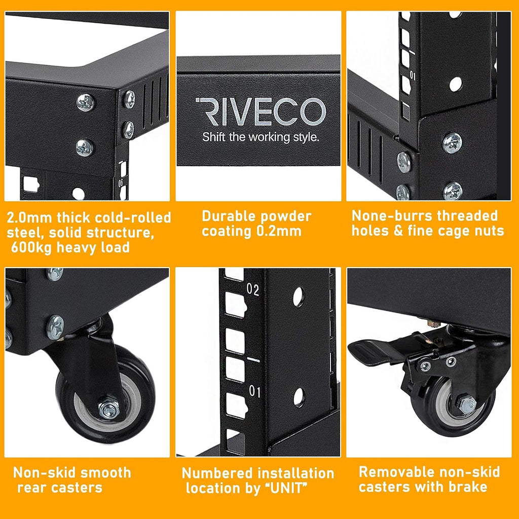 18U 4 Post Open Frame Server Rack with Brake Casters Black Y529885