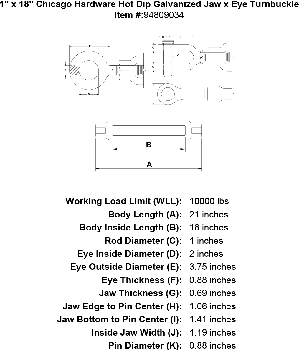 1 x 18 Hot Dip Galvanized Jaw x Eye Turnbuckle K72599