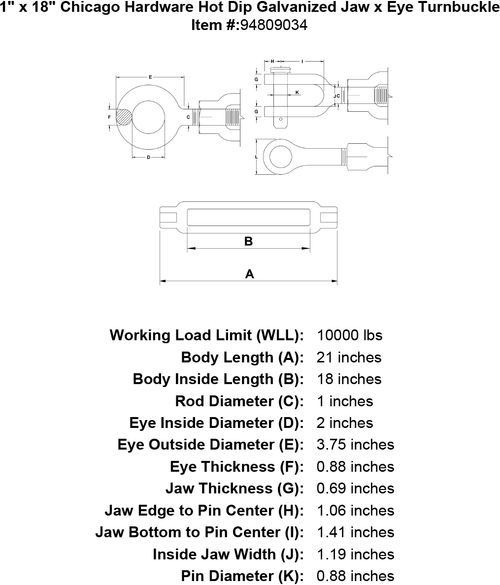 1 x 18 Hot Dip Galvanized Jaw x Eye Turnbuckle K72599