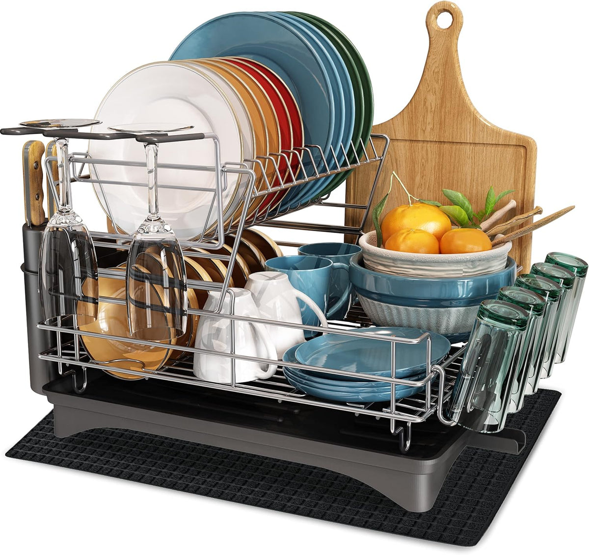 2 Tier Stainless Steel Dish Drying Rack and Drainboard Set with Utensil Holder R558031