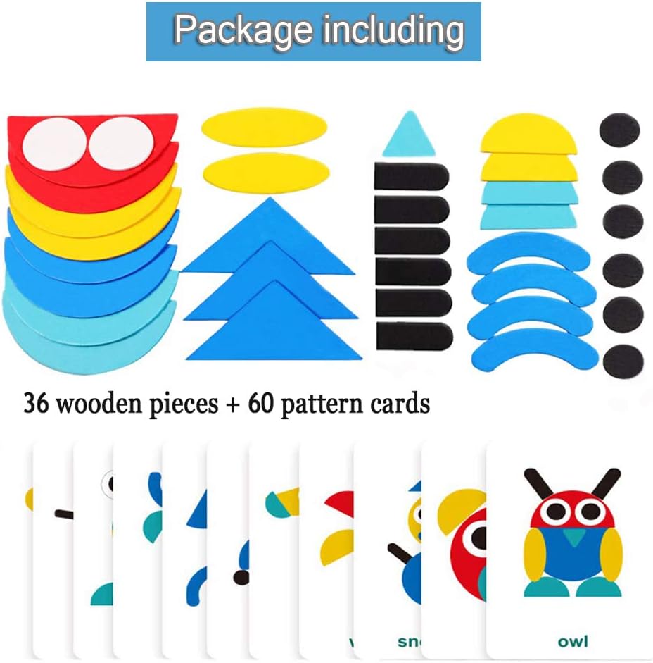 Wooden Pattern Blocks Tangram Animal Jigsaw Puzzle Sorting Stacking Game Preschool Montessori Learning Toys Brain Teaser STEM Gift for 3 4 5 Years Old Toddler Kid (36 Shape Pieces & 60 Pattern Cards) Pack of 2 N22767