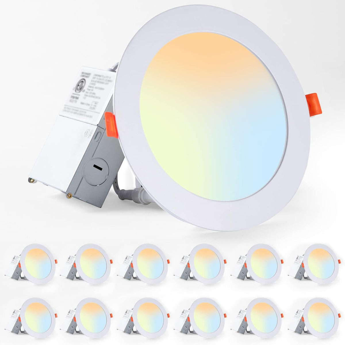 12 Pack 6CCT LED Recessed Lighting 4 inch with Junction Box, 2500K-5000K Selectable, 750LM, 9W Eqv 75W, Dimmable Downlight U89090