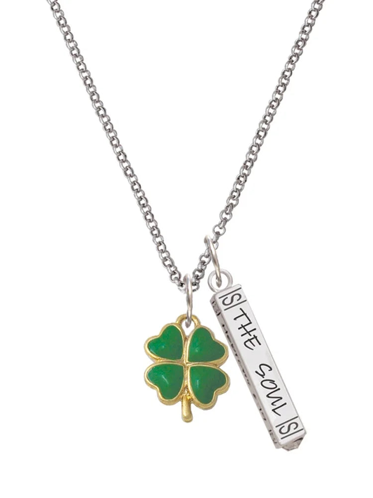 Goldtone Opaque Green Four Leaf Clover Bar Charm Necklace, 23" T190