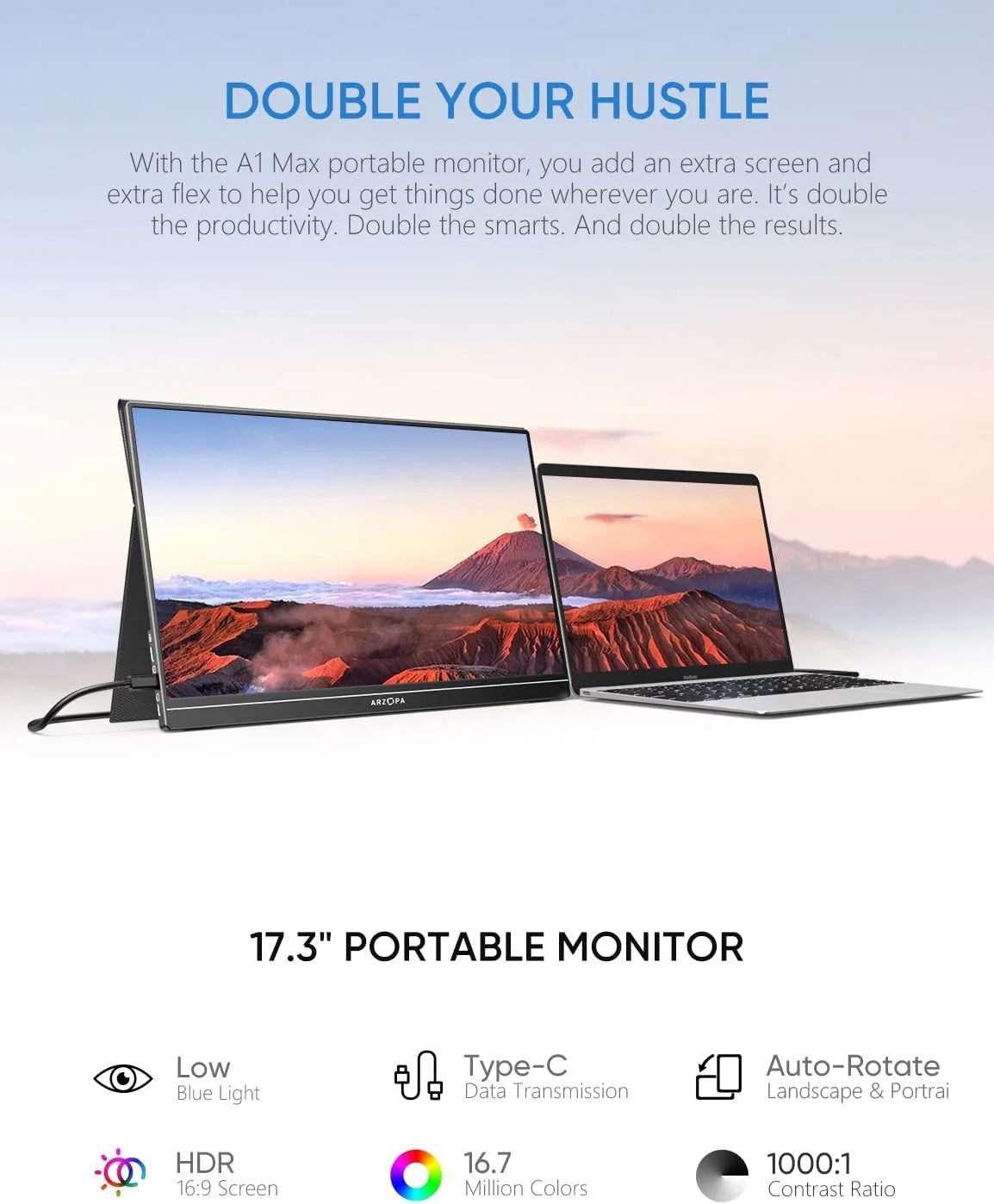 Portable Monitor 17.3 Inch 1080P FHD HDR IPS HDMI USB C External Screen Q517774