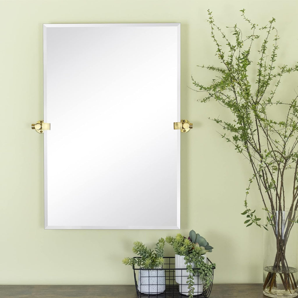 Frameless Beveled Pivot Bathroom Vanity Mirror with Chrome Metal Brackets, Tilting Rectangle Wall Mirror 20X30'' O540240