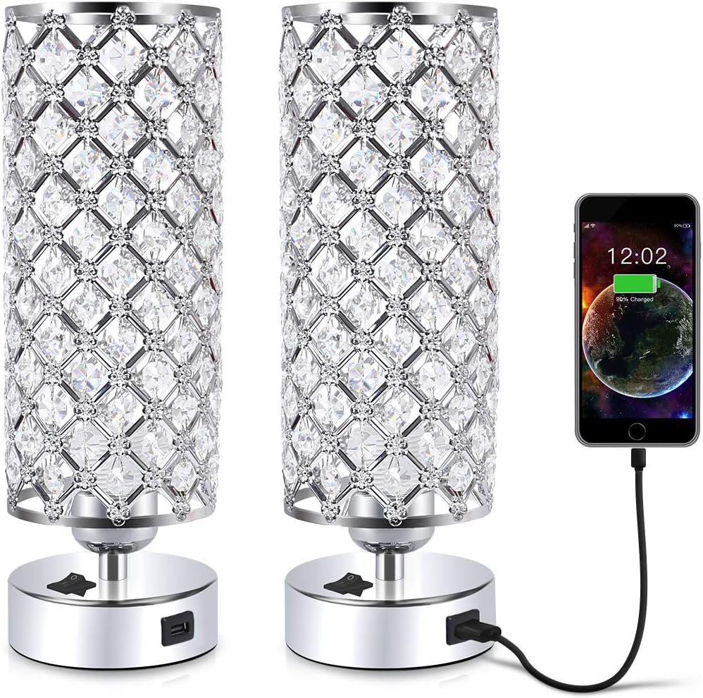 Set of Two Crystal Table Desk Lamp with USB Port H774236