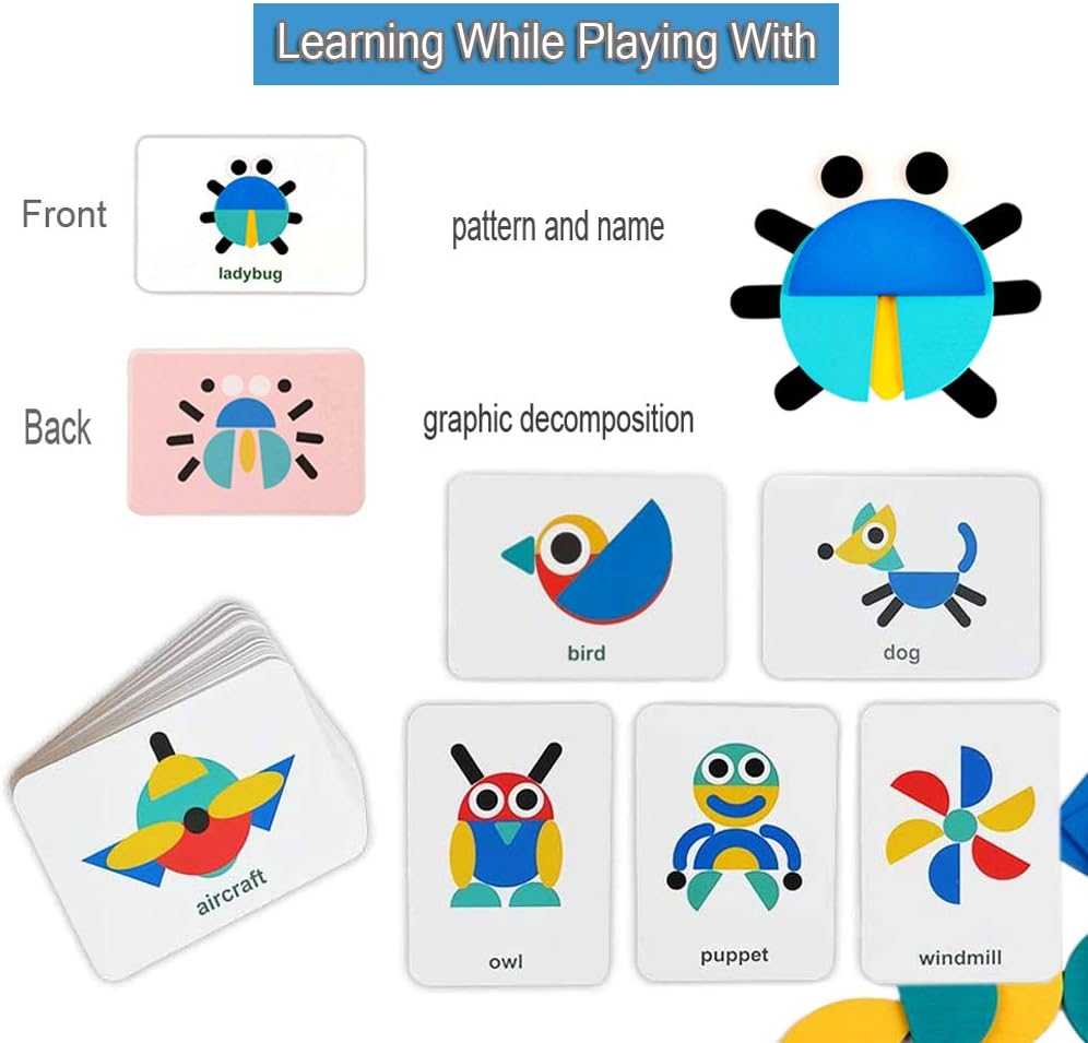 Wooden Pattern Blocks Tangram Animal Jigsaw Puzzle Sorting Stacking Game Preschool Montessori Learning Toys Brain Teaser STEM Gift for 3 4 5 Years Old Toddler Kid (36 Shape Pieces & 60 Pattern Cards) Pack of 2 N22767