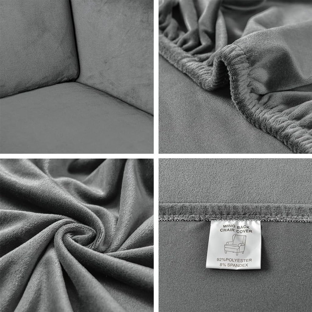 Dark Grey Velvet Stretch Wingback Chair Sofa Slipcover with Elastic Bottom Y8895