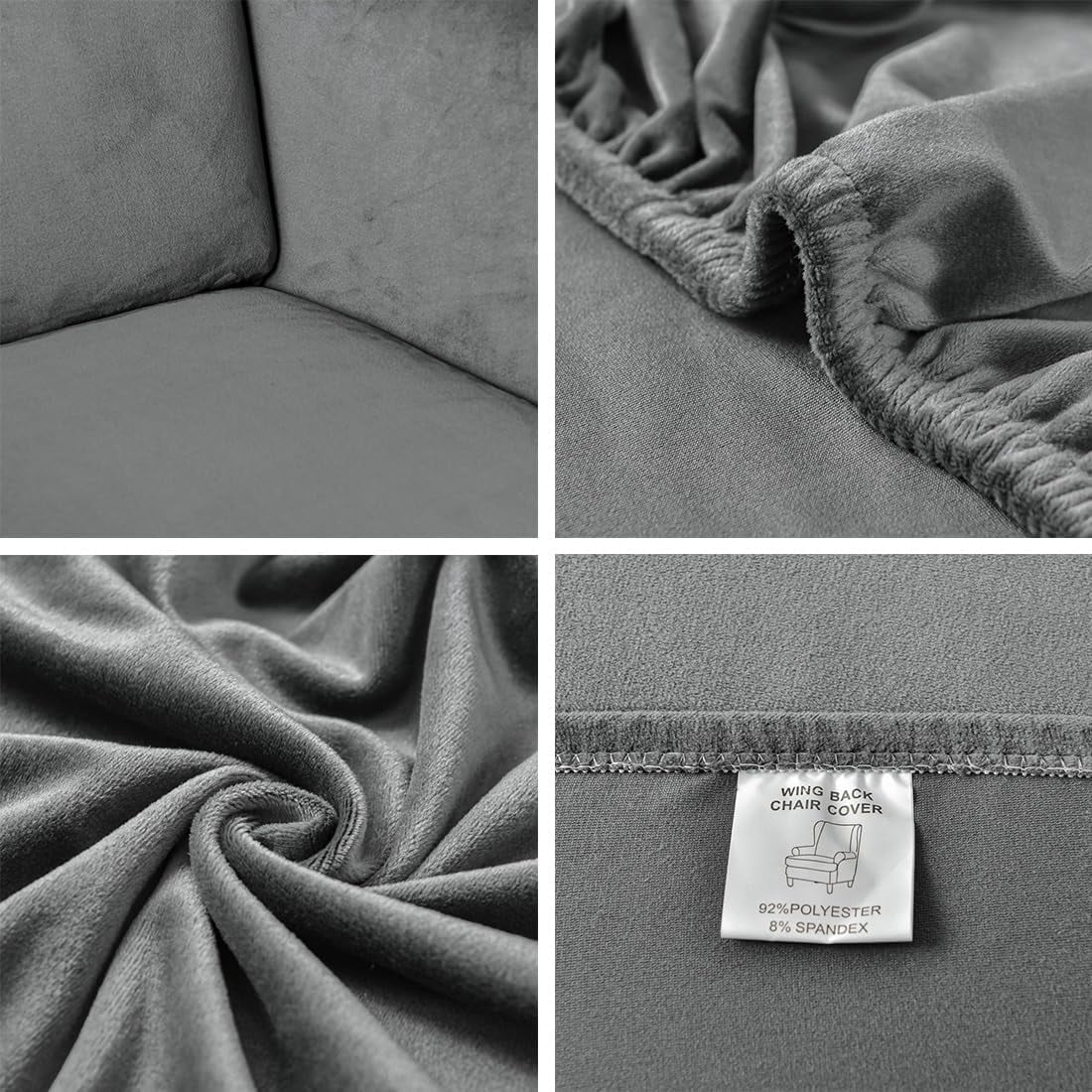 Dark Grey Velvet Stretch Wingback Chair Sofa Slipcover with Elastic Bottom Y8895