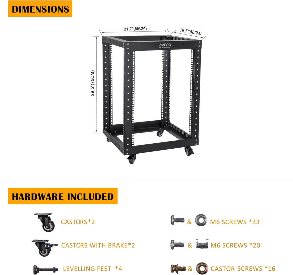 18U 4 Post Open Frame Server Rack with Brake Casters Black Y529885