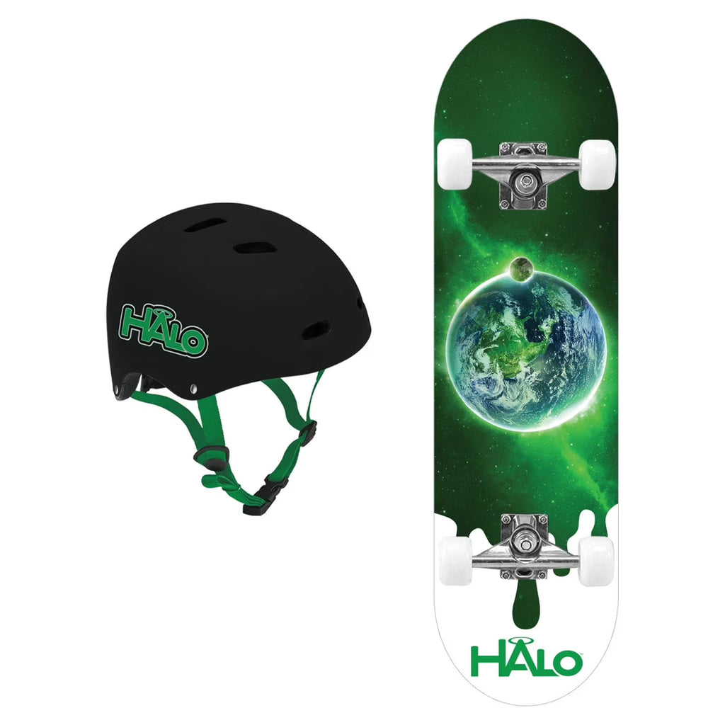 Green Terra Skateboard Combo with Double Kick-Tail Deck and 60mm Wheels, Black Skateboarding Helmet with Adjustable Sizing U56246