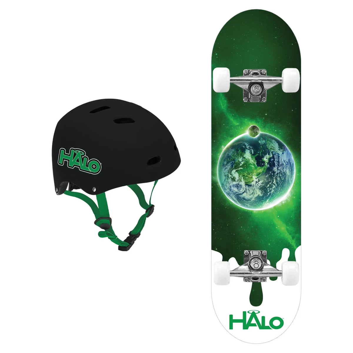Green Terra Skateboard Combo with Double Kick-Tail Deck and 60mm Wheels, Black Skateboarding Helmet with Adjustable Sizing U56246