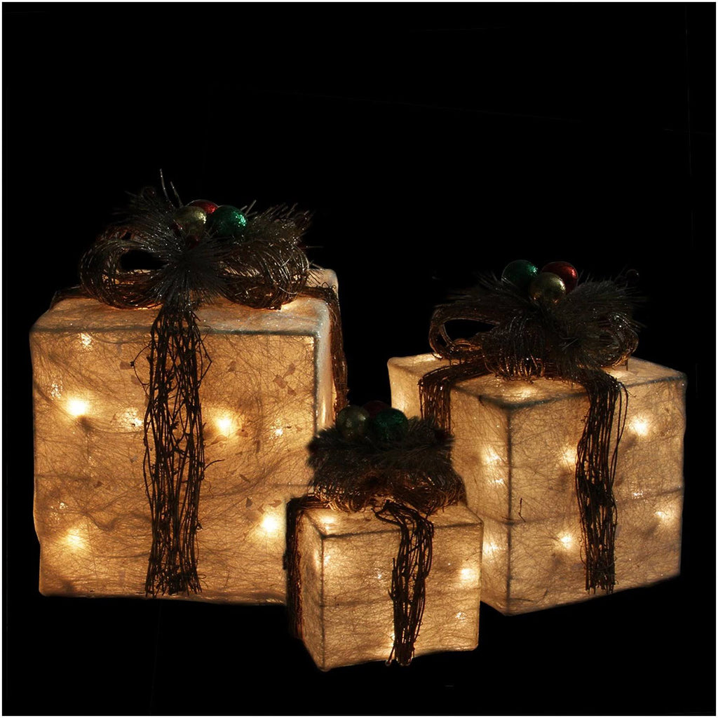 Set of 3 Lighted Cream and Gold Sisal Gift Boxes S5106