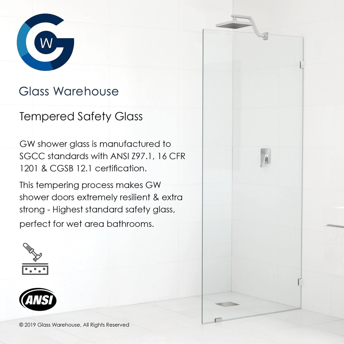 Frameless Shower Door Single Fixed Panel Satin Brass in Gold M194593