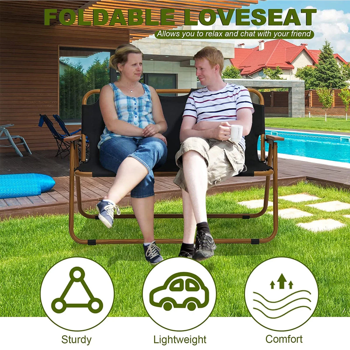Black 2-Person Outdoor Folding Loveseat Chair F7526