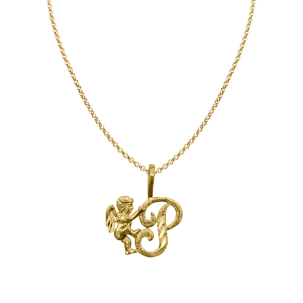 14K Yellow Gold Cherub Initial Pendant with 18" Chain Necklace E8012