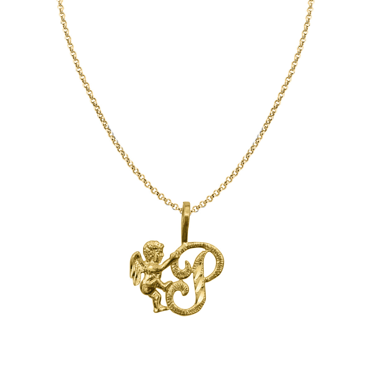 14K Yellow Gold Cherub Initial Pendant with 18" Chain Necklace E8012