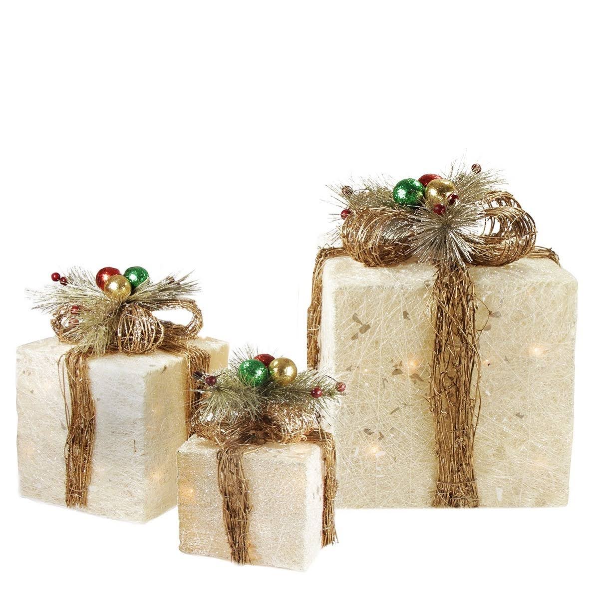 Set of 3 Lighted Cream and Gold Sisal Gift Boxes S5106