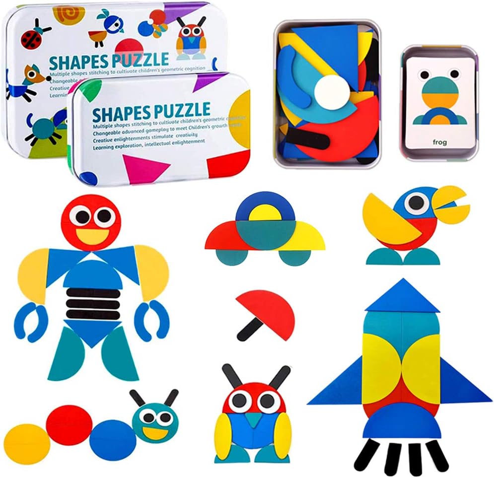 Wooden Pattern Blocks Tangram Animal Jigsaw Puzzle Sorting Stacking Game Preschool Montessori Learning Toys Brain Teaser STEM Gift for 3 4 5 Years Old Toddler Kid (36 Shape Pieces & 60 Pattern Cards) Pack of 2 N22767