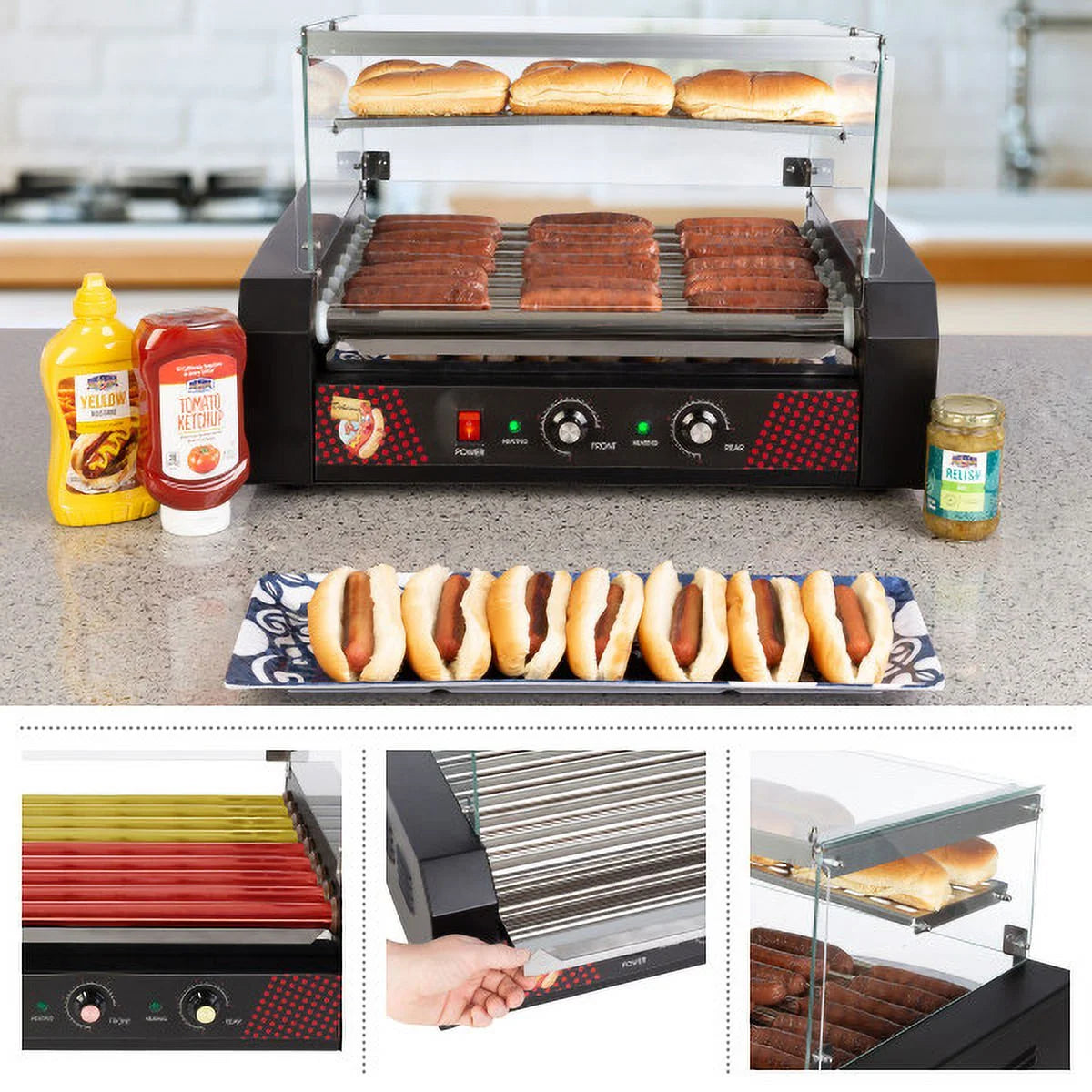9-Roller Hot Dog Grill with Bun Warmer and Cover V7639