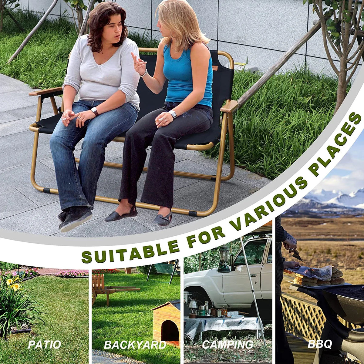 Black 2-Person Outdoor Folding Loveseat Chair F7526