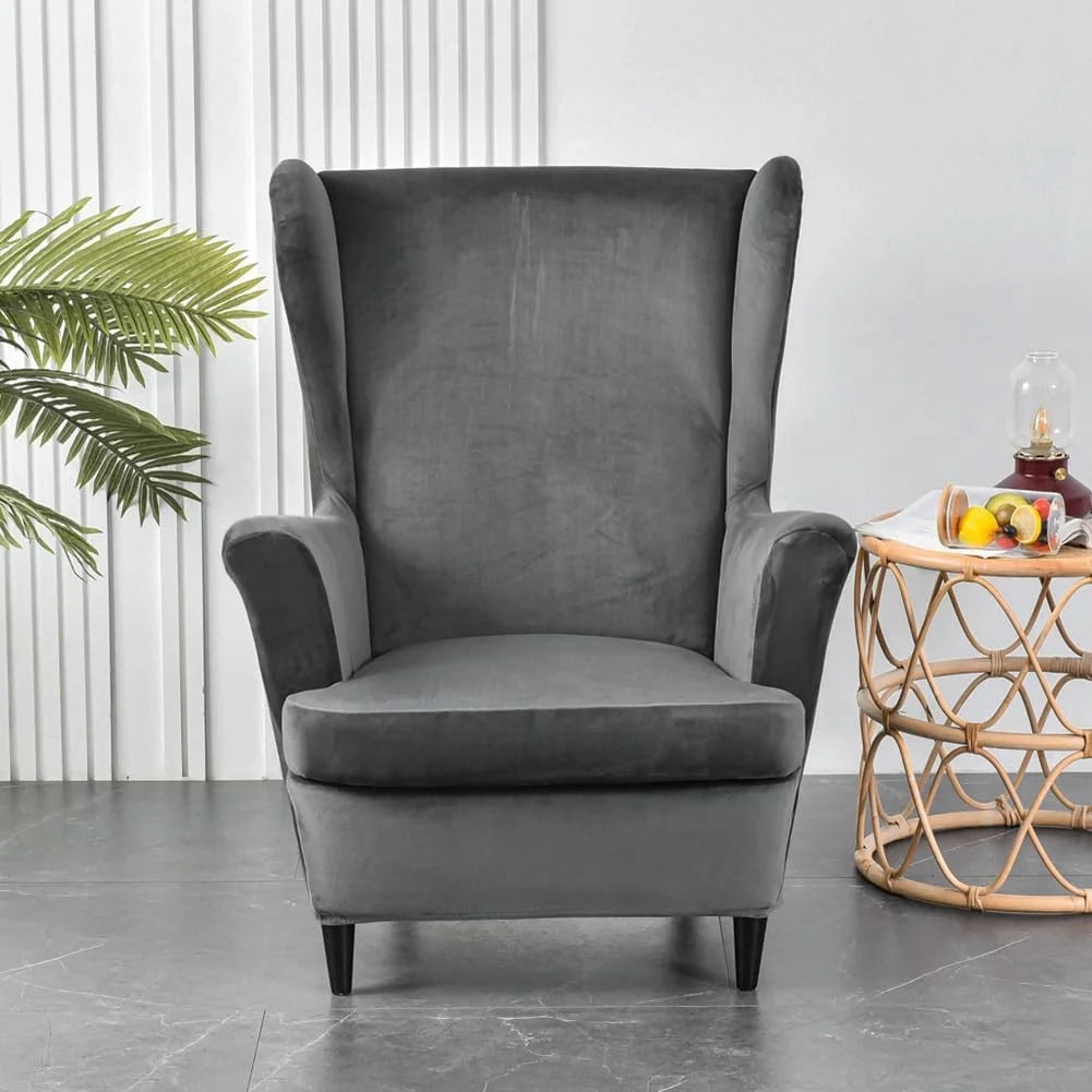 Dark Grey Velvet Stretch Wingback Chair Sofa Slipcover with Elastic Bottom Y8895