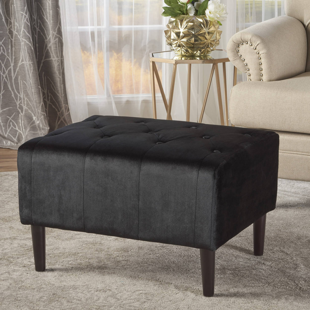Black Tufted Velvet Ottoman U997