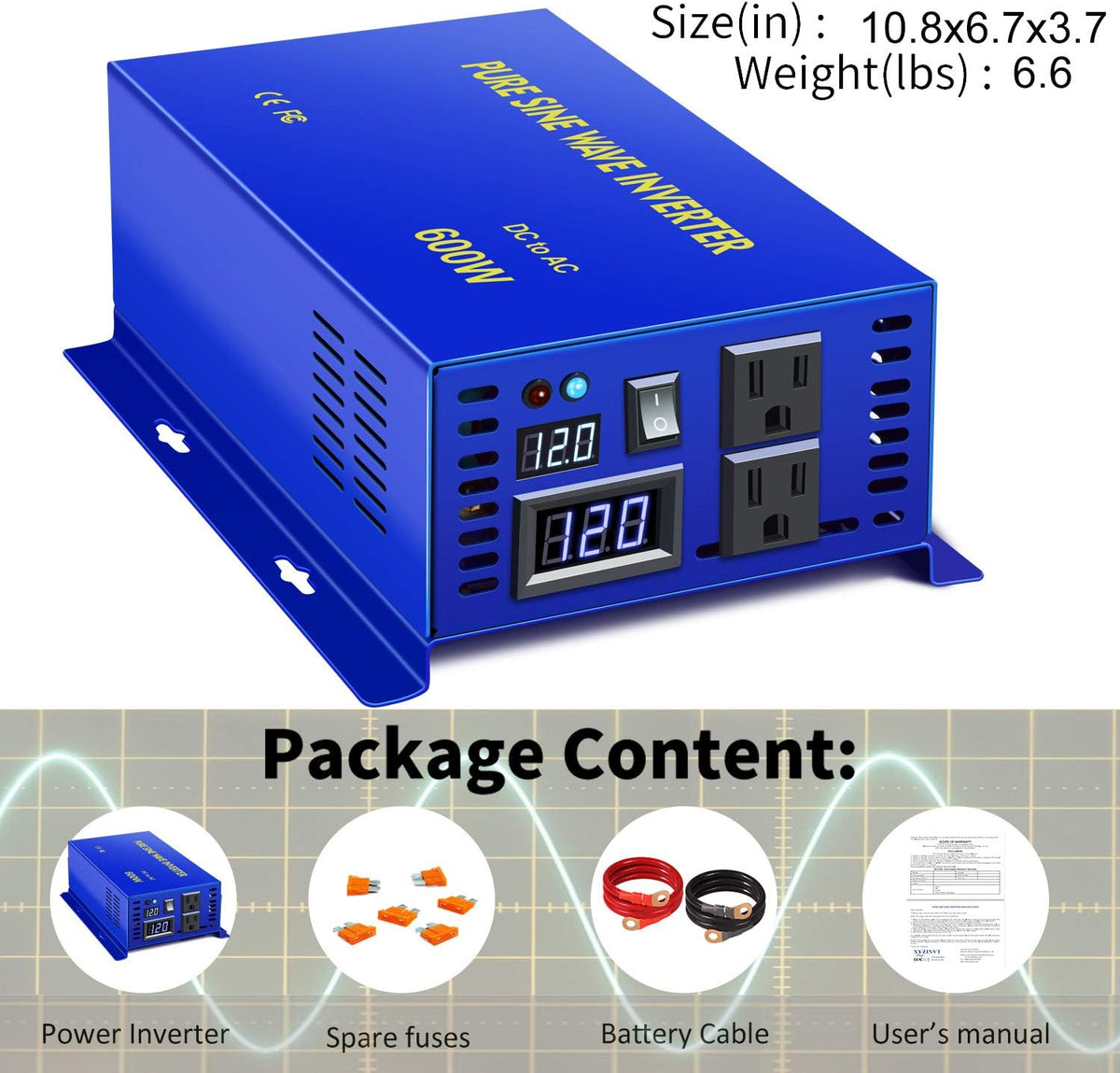 600W Pure Sine Wave Inverter 12v to 110v 120v DC to AC Dual US Plug F412286