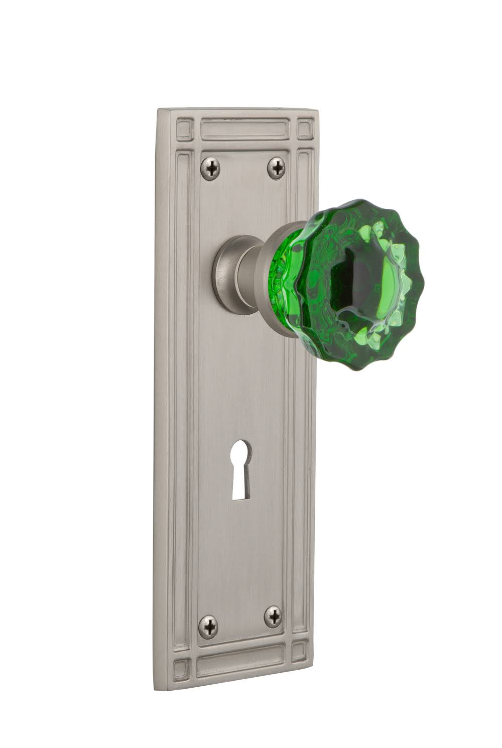 Satin Nickel Mission Door Knob with Crystal Emerald Glass Z950