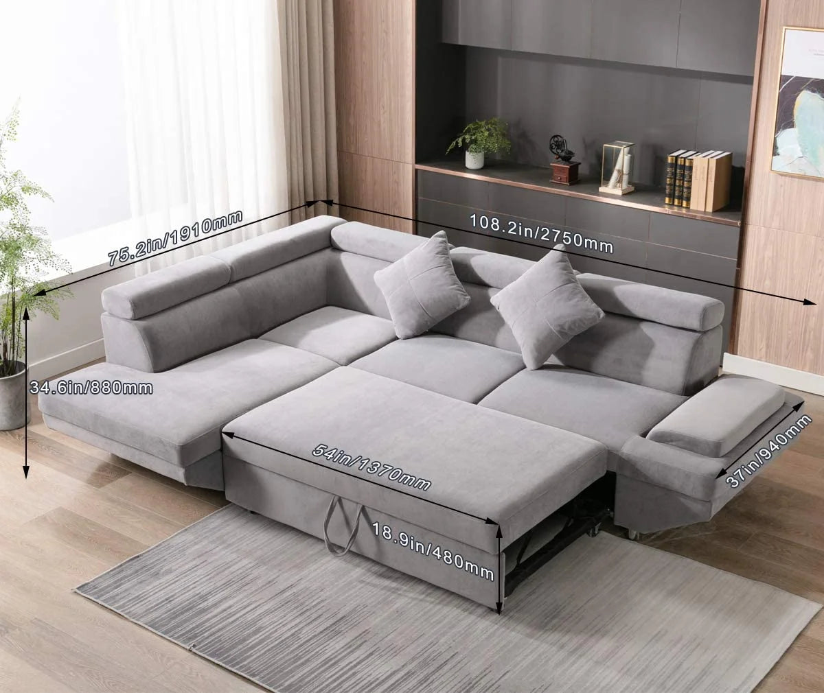 Grey Fabric Corner Sofa Sleeper Bed P682