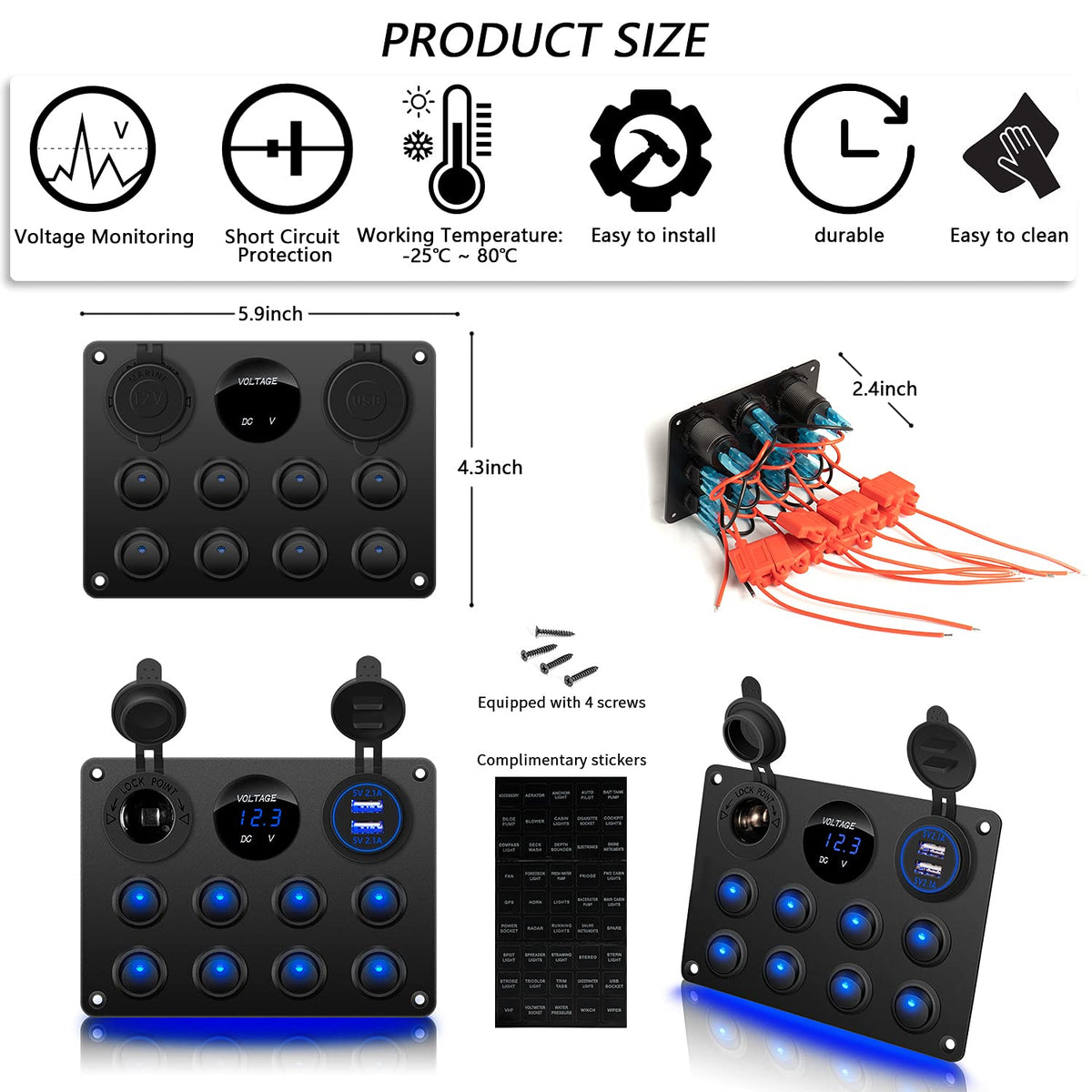 8 Gang Waterproof Rocker Switch Panel with Dual USB Charger Digital Voltmeter 12V Outlet Circuit Breakers O567