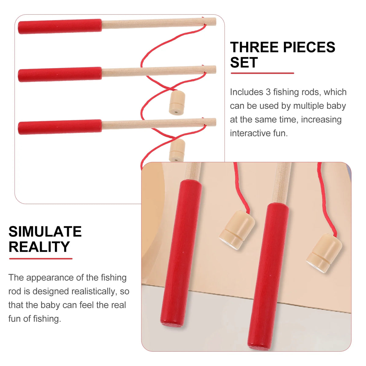 3pcs Kids Toy Magnetic Wood Fishing Poles Fishing Games Wooden Fishing Rod K943569