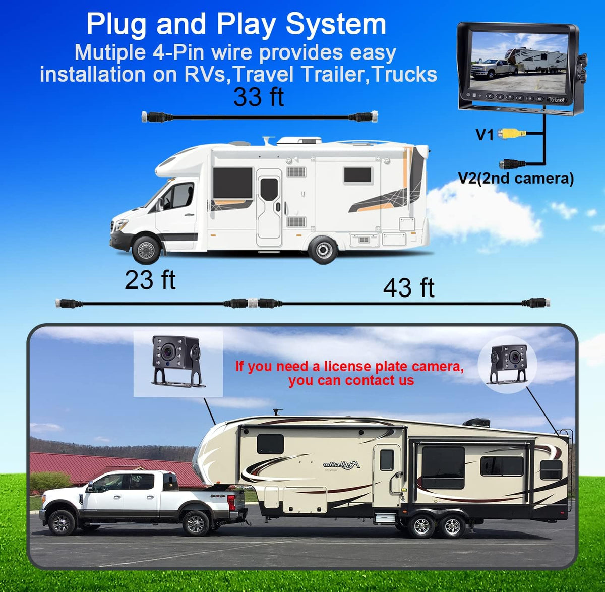 HD 1080P 2 Wired Rear View Camera with 7'' LCD Monitor J363721