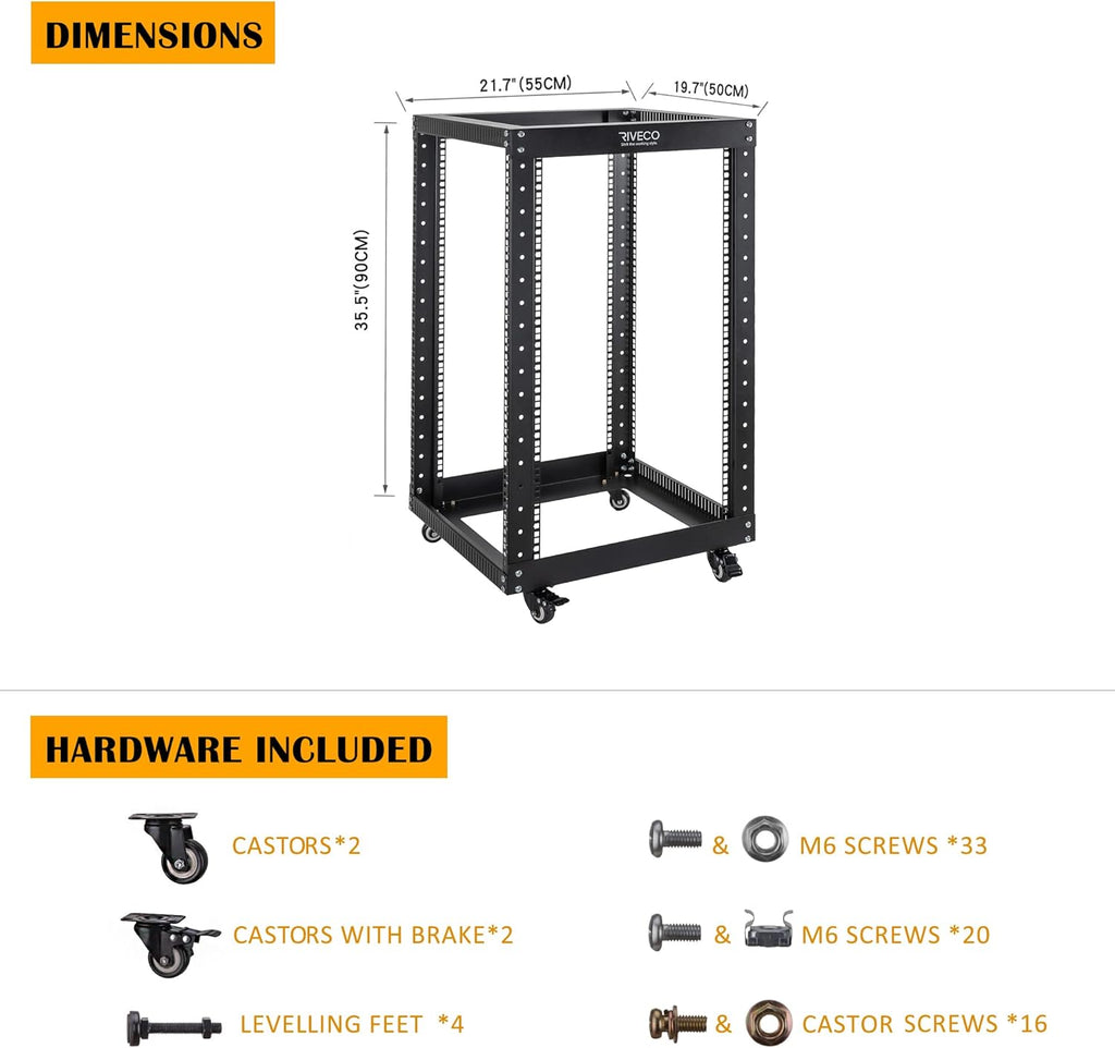 18U 4 Post Open Frame Server Rack with Brake Casters Black Y529885