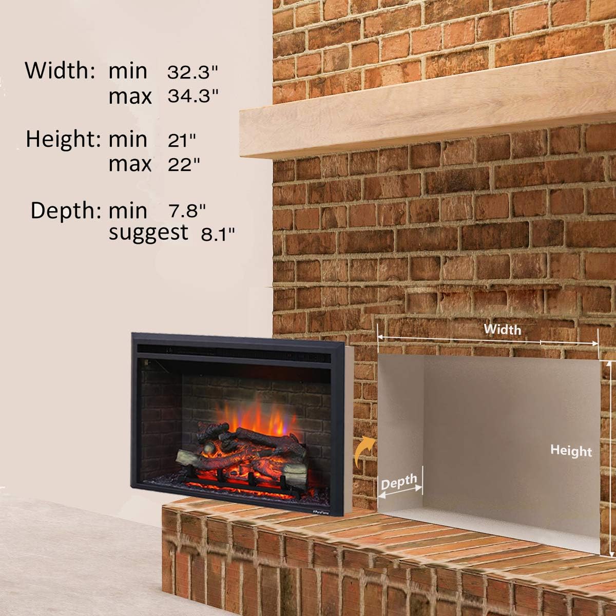 Black Electric Fireplace Insert with Remote Control, 750/1500W S873680