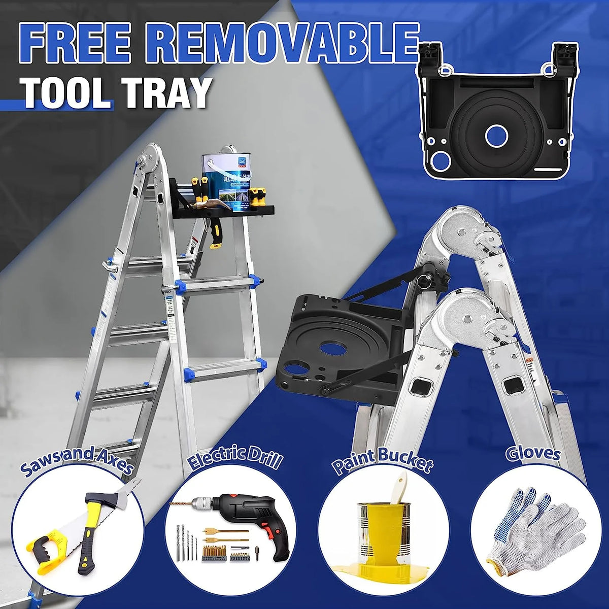 A Frame 4 Step Extension Ladder, 17 Ft Multi Position Ladder with Removable Tool Tray and Stabilizer Bar, 330 lbs Capacity Telescoping Ladder Y981