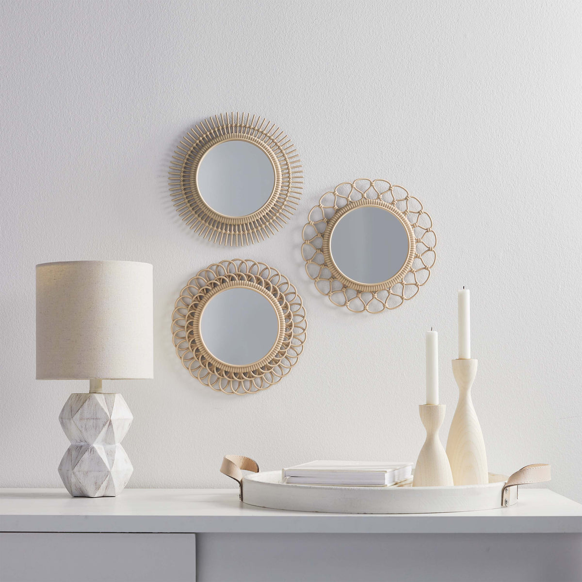 3 Piece Light Natural Faux Woven Wicker Round Mirror Set H781