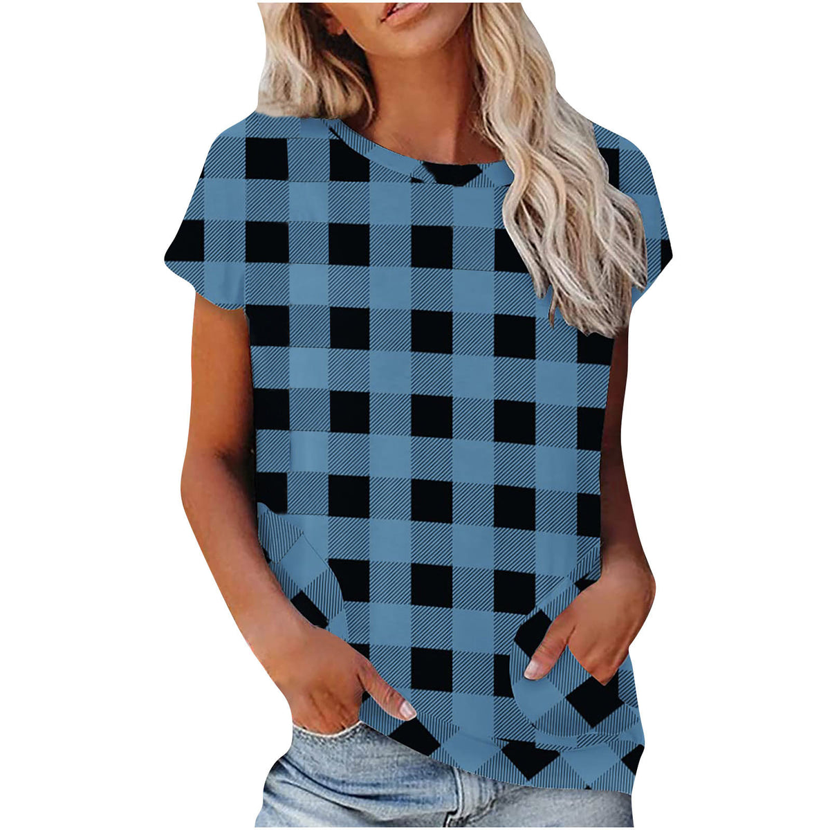 Plaid Short Sleeve Tunic Top with Pocket K75500