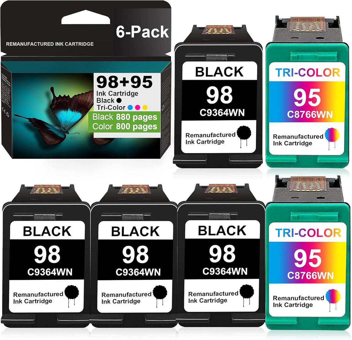 6 Pack Remanufactured Ink Cartridge for HP Photosmart 2575 Printer (4 Black + 2 Tri-Color) I496