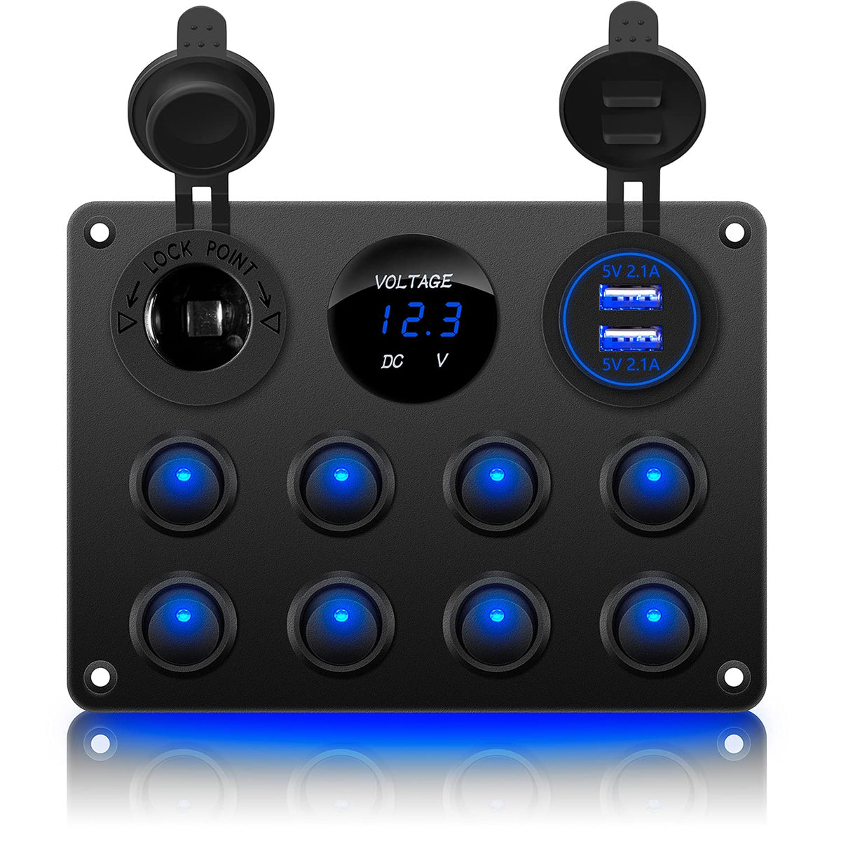 8 Gang Waterproof Rocker Switch Panel with Dual USB Charger Digital Voltmeter 12V Outlet Circuit Breakers O567